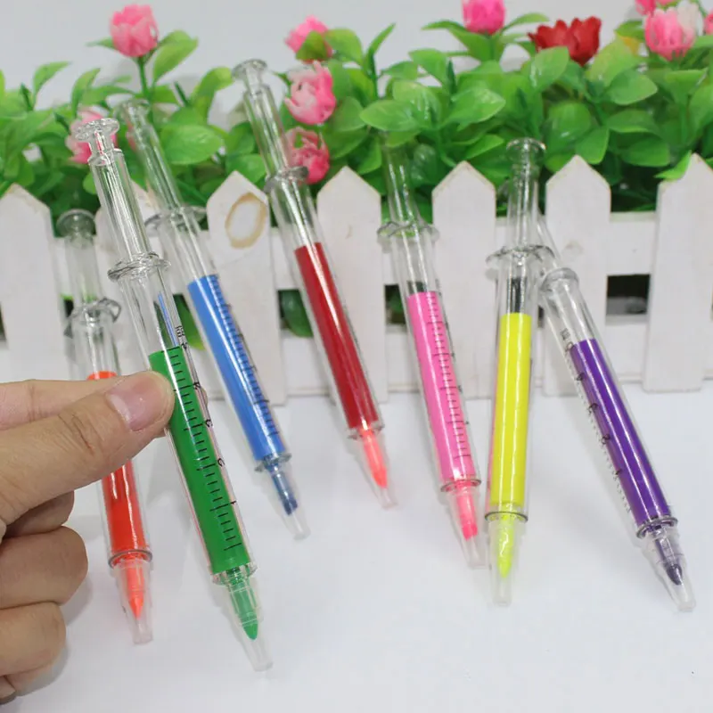 60Pcs Syringe Highlighter Pen Syringe Needle Shape Mechanical Color pen Ballpoint for Office School Marker Writing Tool