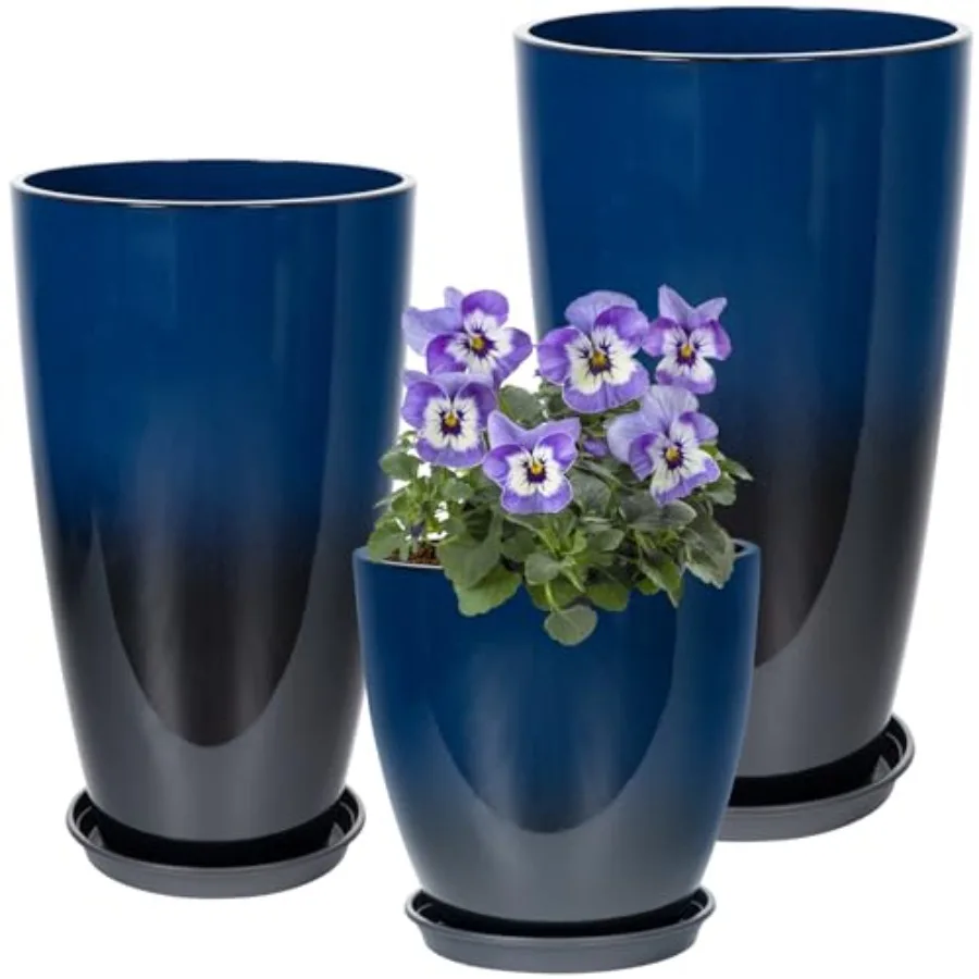

24/21/12 Inch Large Plastic Planter for Porch Garden Patio Balcony Lightweight Ceramic-Look Tall Planter in Dark Blue with Drai
