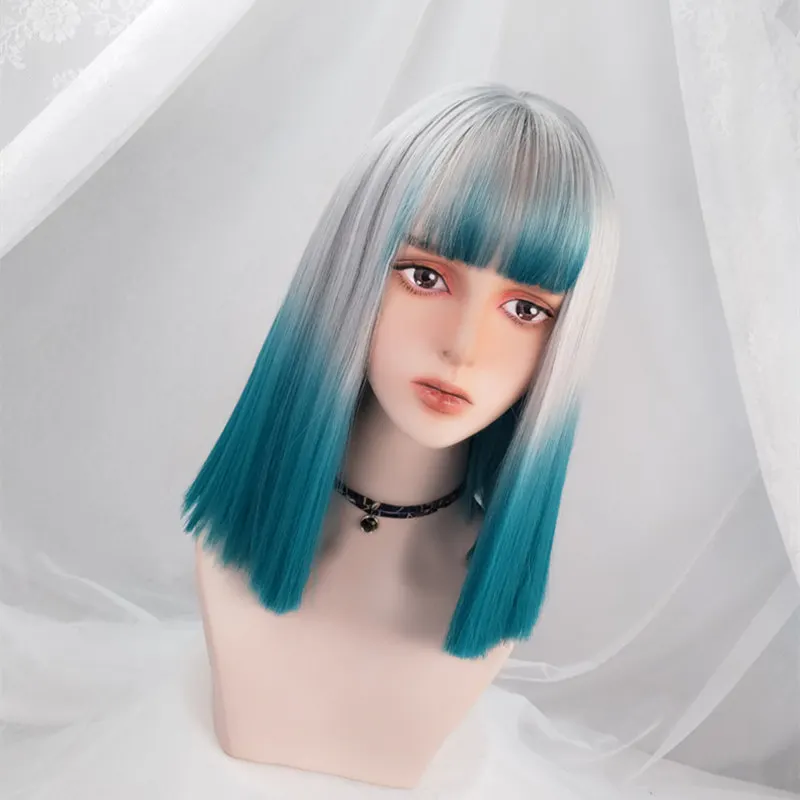 أزياء المرأة قصيرة مستقيم بوب شعر مستعار مع الانفجارات مقاومة للحرارة الاصطناعية الأخضر أومبير شعر مستعار رمادي