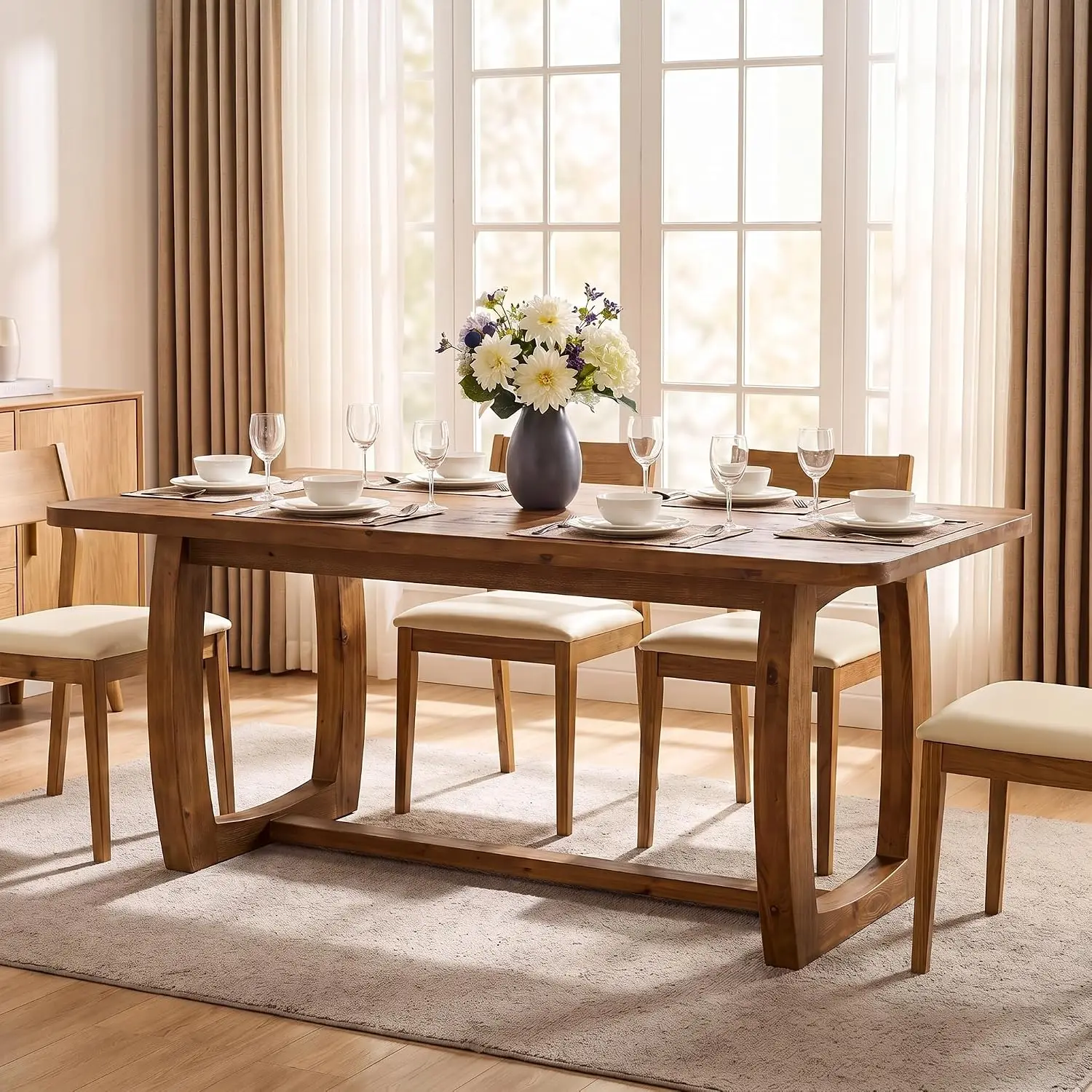 Solid Wood Dining Table for 4-6 People, 63 Inch Dining Room Table with Safely Rounded Corners, Farmhouse Rectangle, Customized