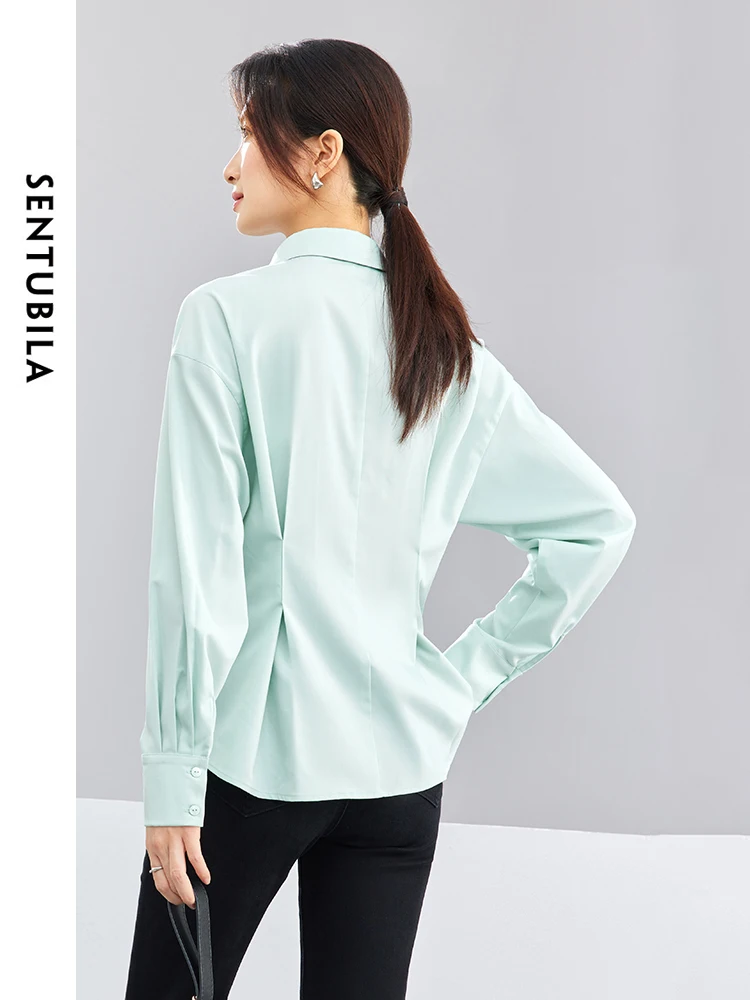 SENTUBILA Polo Collar Solid Comfort Loose Shirt Womens 2024 Spring High Waist Button Up Long Sleeve Shirts & Blouses 141C53111