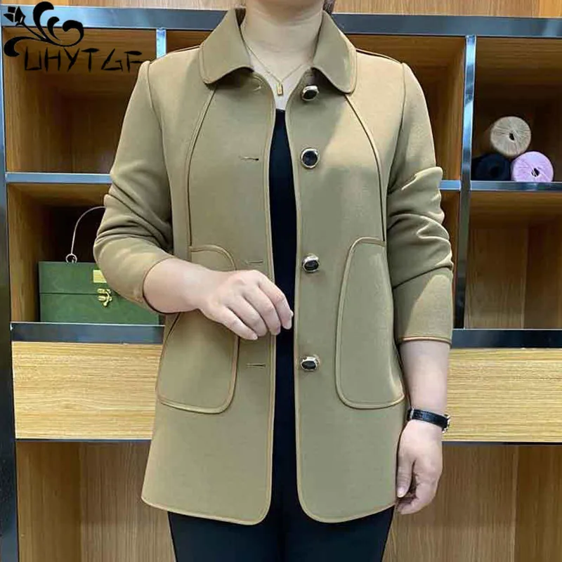 

UHYTGF 5XL Thin Coat Women Fashion Pocket Button Casual Spring Autumn Windbreaker Jacket Female Middle-Aged Mother Outerwear 288