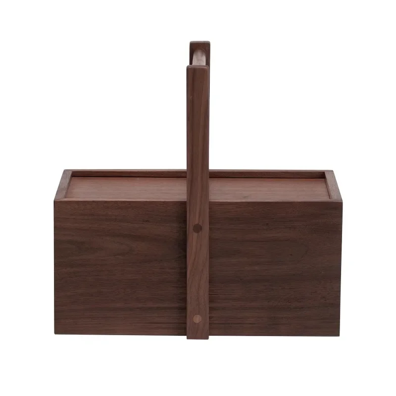 

Black walnut storage box with lid sliding cover solid wood Japanese retro home handle beam portable wooden box