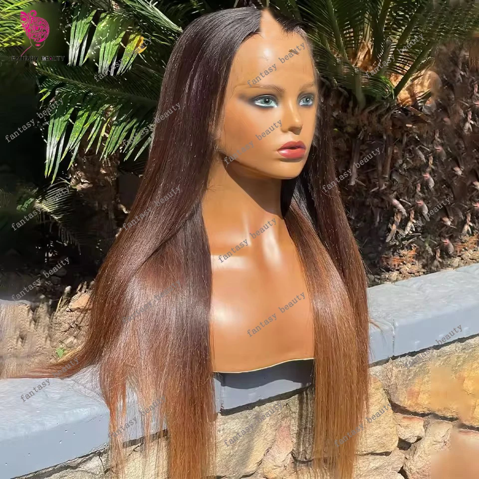 

Bone Straight Ombre Каштаново-коричневый парик с V-образной частью для чернокожих женщин Парик Необработанный 100% натуральные настоящие человеческие волосы U-образный парик Полный конец