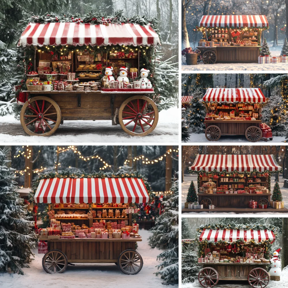 

Photography Background Winter Christmas Wooden Cart Dim Sum Gift Box Snow Forest Kids Family Portrait Backdrop Decor