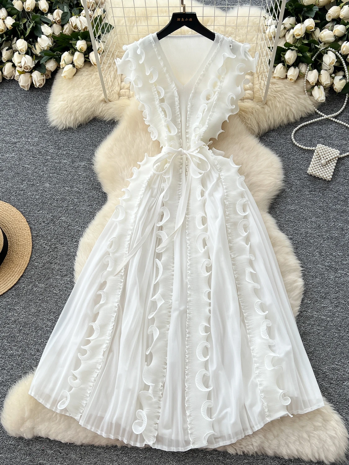 Rétro plissé été Dr femmes Faionable 2025 taille haute a-ligne jupe Midi ruban Svel taille cintrée longue Dr