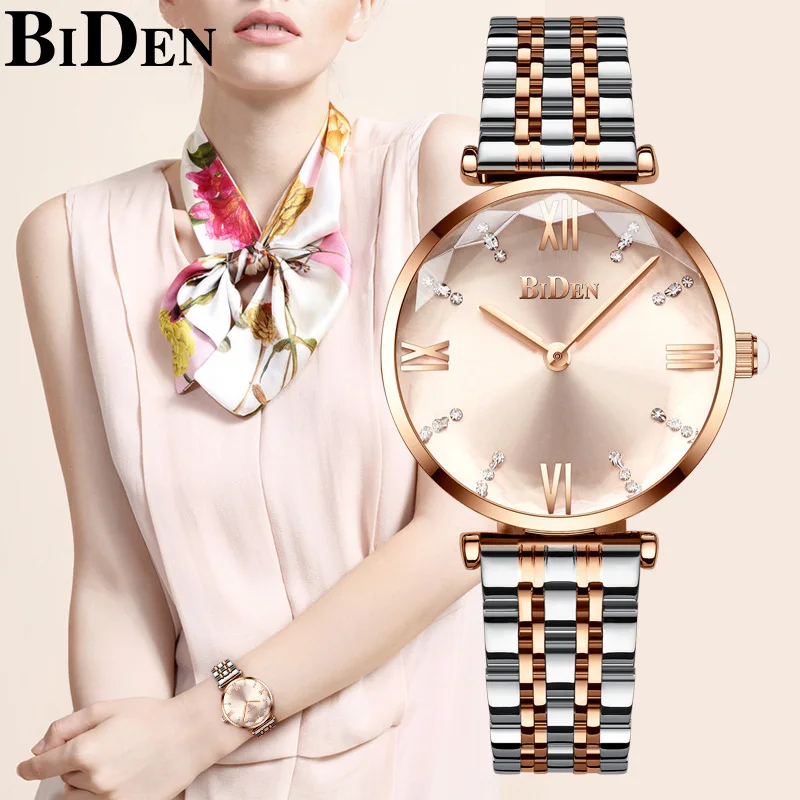 Elegant Womens Watch Top Brand BIDEN Stainless Steel Rose Gold Simple Ladies Watches Fashion Waterproof Quartz Wristwatch Hot