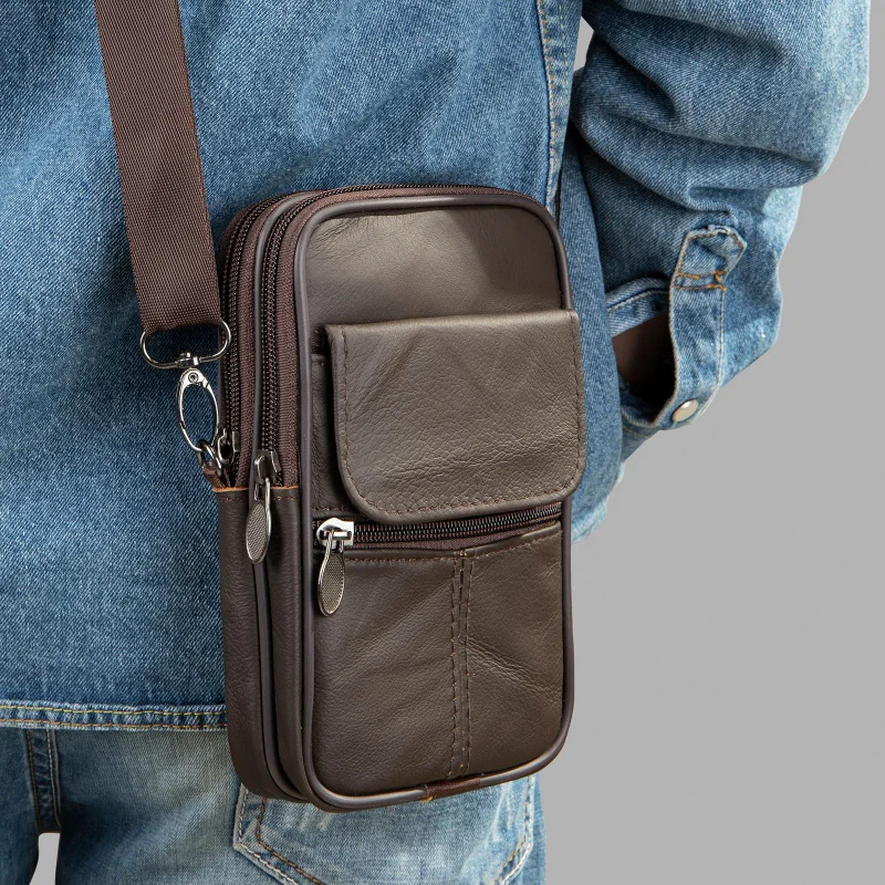 New Men\'s cow leather vintage man small waist casual bag male crossbody mobile phone bag