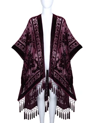 WeHello Bohemian burnt plush kimono Women's long Purple Tassel Beach Cover-up  Holiday Casual Cardigan Shawl JYPF-20