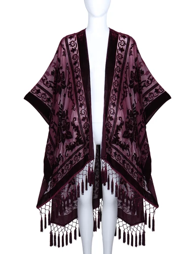 Imagen 1 del producto WeHello-Kimono bohemio de felpa quemado para mujer, cárdigan largo con borlas moradas para playa, chal informal para vacaciones, JYPF-20