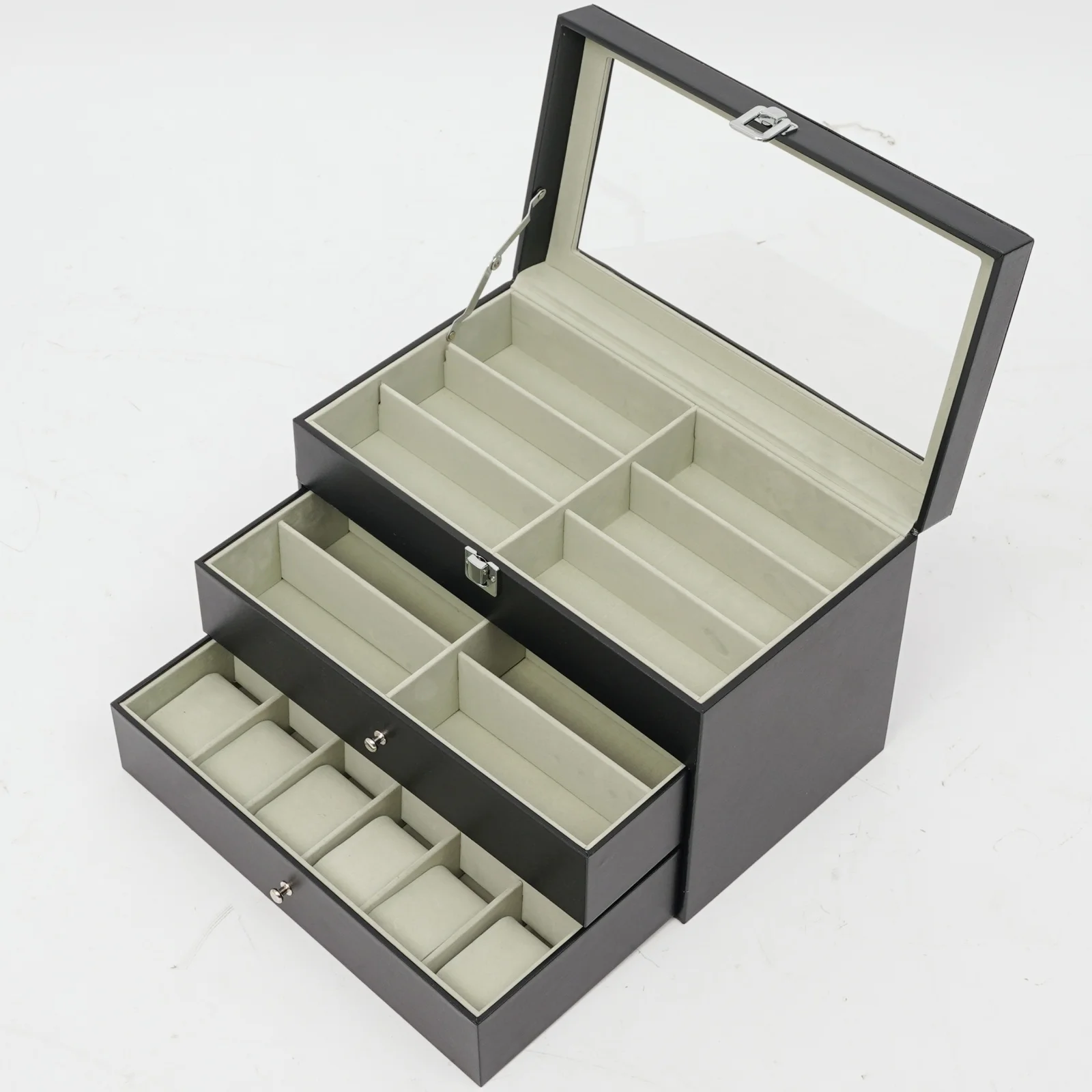 Watch Box Watches and Glasses Display Box Large Glass Top Watch Eyeglasses Storage Case Anti-Corrosion Odor-Free Soft Fleece Protection Smooth Burr-Free Edge Space Saving For Dresser Household Personal Watch Sunglasses Jewelry Storage