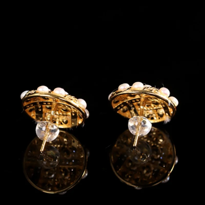 S925 Sterling Silver Studs Earrings for Women New Fashion Gold Plated Inlaid Pearl Micro Inlaid Zircon Ear-stups Jewelry