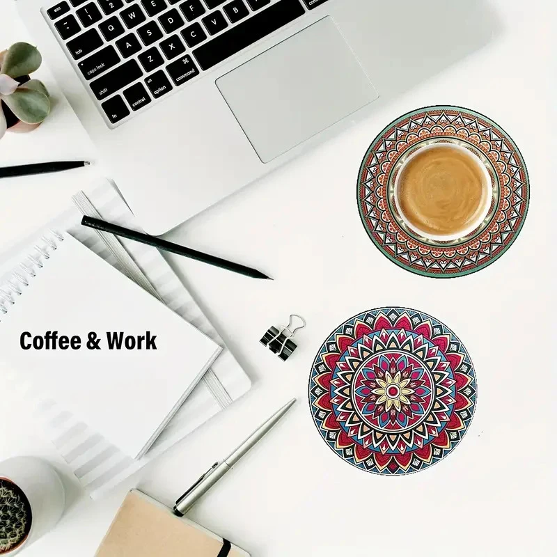 8 Pack Mandala Pattern Coaster Heat Resistant Non-Slip Cup Mats Anti-Scratch Table Protector Coaster Holders for Coffee Table