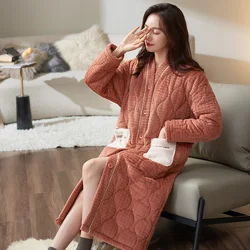 Flannel quilted female robes thick 3layers quilted coral fleece bathrobe winter thick velvet women v-neck button cardigan kimono