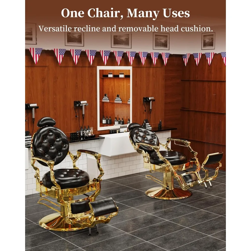 كرسي حلاق مستلق عتيق مع مسند رأس قابل للتعديل، إطار معدني شديد التحمل ودعم الوسادة، كرسي صالون ذهبي