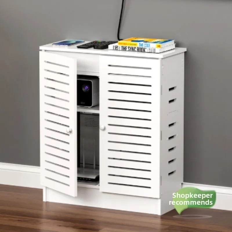 

No-Drill Multimedia Storage WiFi Router and Switch Organizer, Weak Power Box Cover, Free-Standing Ventilated Storage Box