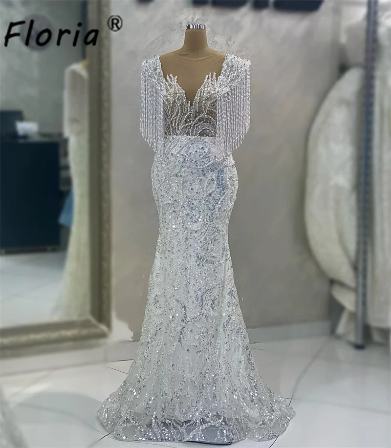 Vestido De noche De sirena con cuentas completas, elegante, con borlas blancas, hasta el suelo, manga casquillo, vestido De graduación, lentejuelas ostentosas