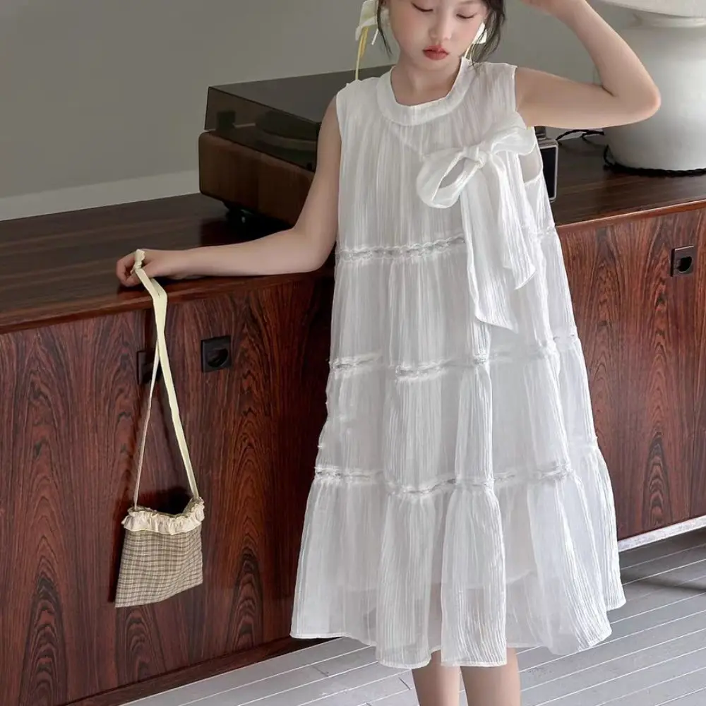 

Elegant Ruffle Girls Princess Dress Large Bow Loose Summer Cake Dress Sweet Party Teens Long Dress Beach Vacation