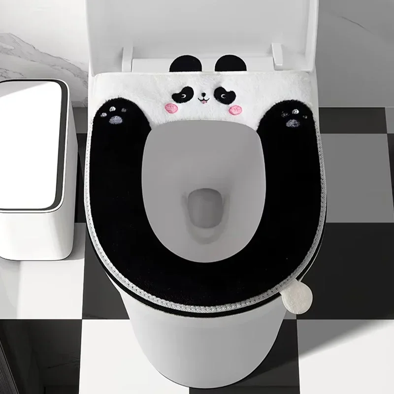 가정용 변기 시트 커버 사계절용 겨울용 따뜻한 변기 쿠션 지퍼형 귀여운 판다 소프트 변기 시트 매트 변기 커버