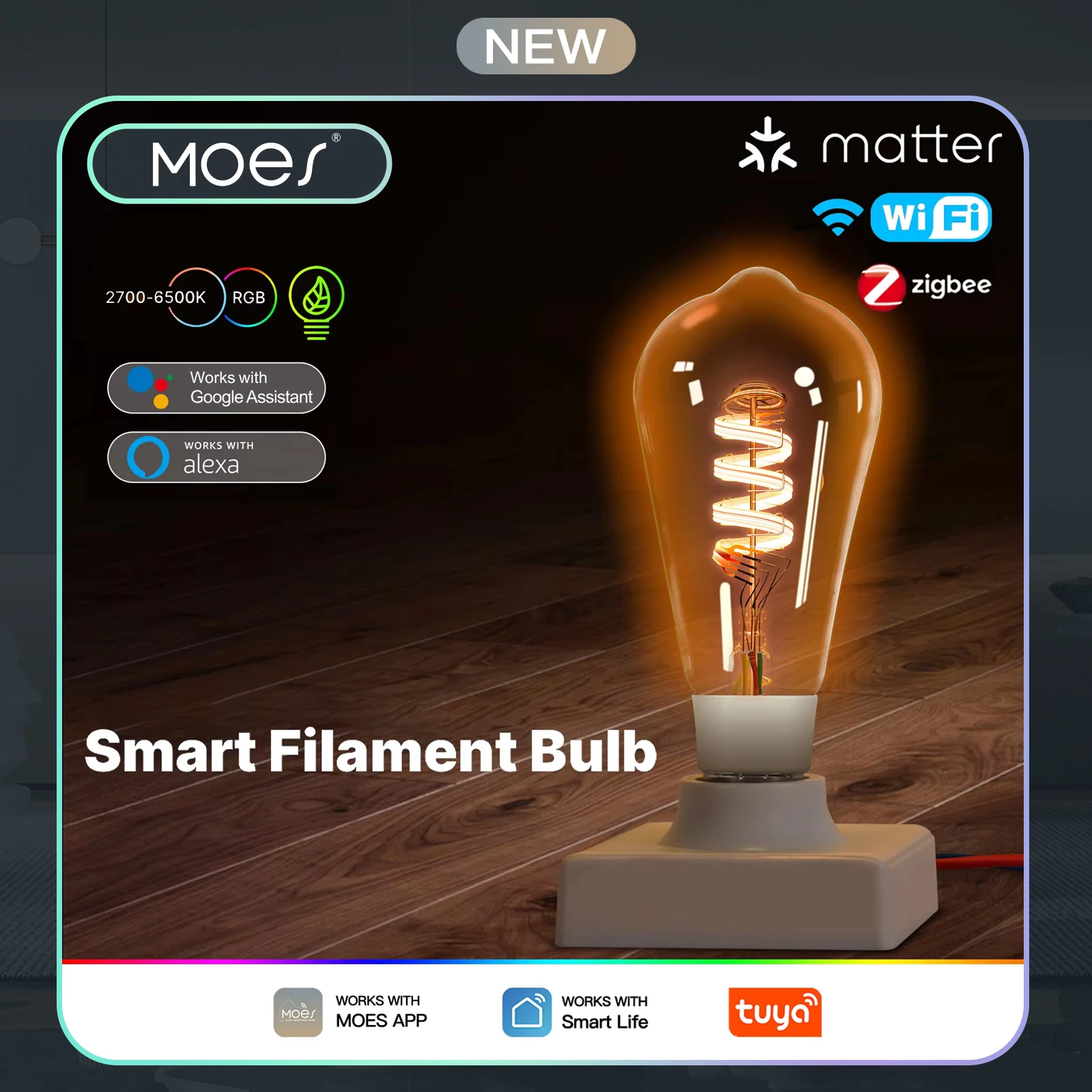 MOES ST64 Smart LED Bulb Edison, Tuya Matter/WiFi/Zigbee, 16M RGB Colors Dimmable, 2700K-6500K, Works with Alexa Google Home