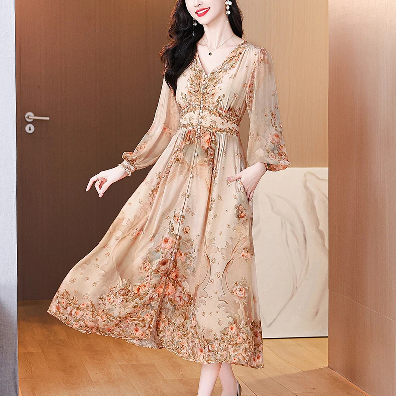 Summer Luxury Silk Floral Beach Midi Dress Women's Vintage Elegant Evening Prom Dress Spring Holiday Boho Hepburn Vessios XQ286