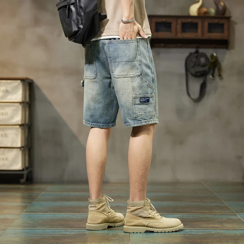 American Retro Casual Men's Denim Shorts Summer Loose Five-Point Leisure Jeans Straight Leg Cut-Off Shorts Youth Trend