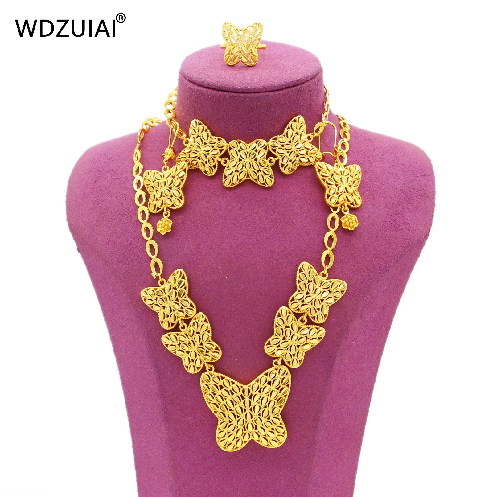 

WDZUIAI Dubai 24K Gold Color Butterfly Shape Necklace/Bracelet/Earrings/Ring Set for Women Africa Ethiopian Arab Wedding Jewelry