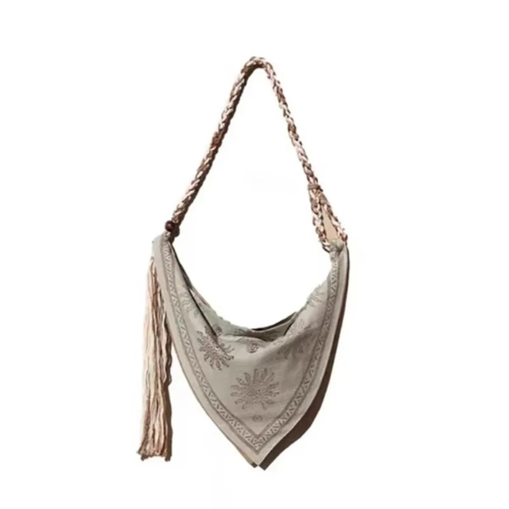 

Retro Bohemian Triangle Shoulder Bag Linen Print Ethnic Style Retro Handbag Tassel Detail Rope Women Crossbody Bag Summer