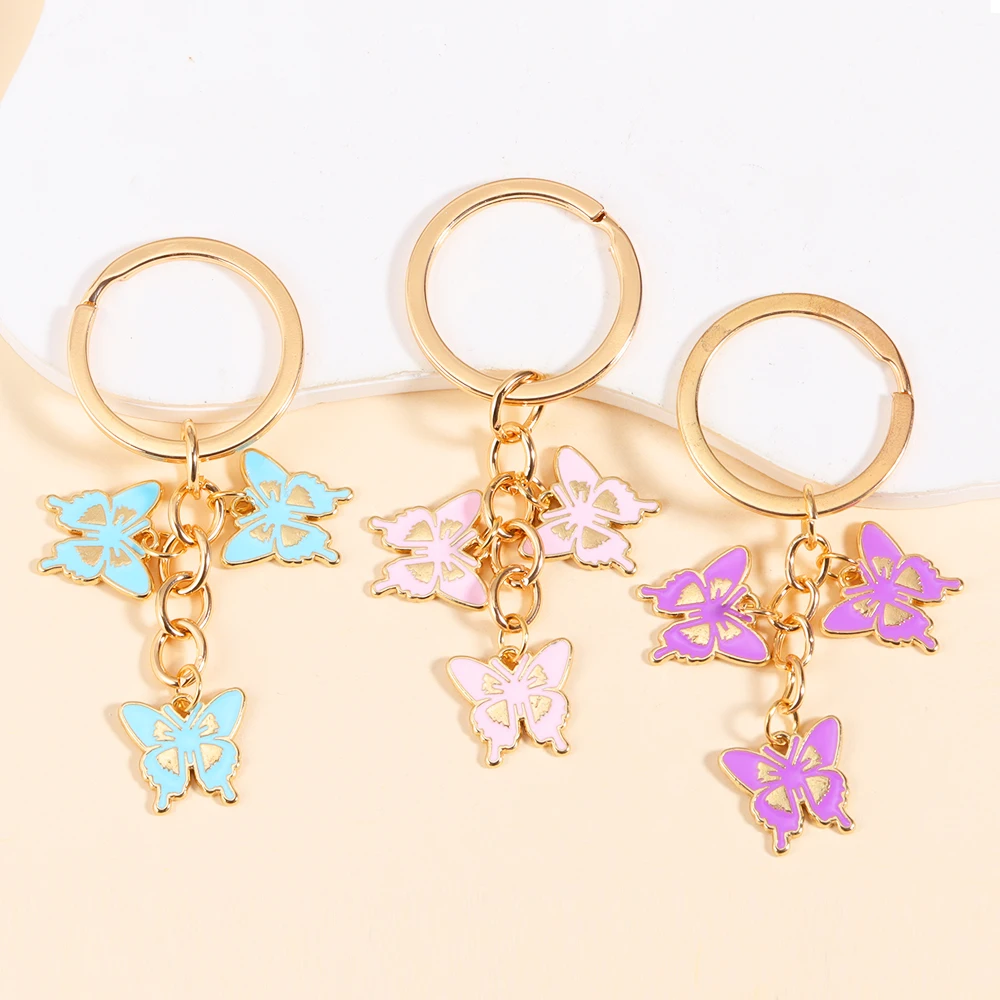 New Trendy Alloy Enamel Colorful Butterfly Insect Charms Keychain DIY Cute Keyrings For Women Men Bags Car Key Decor Craft Gifts