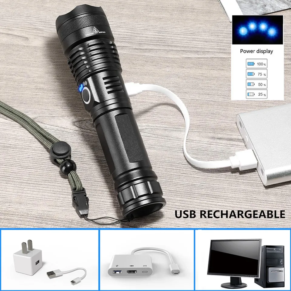 Powerful xhp70LED Tactical Flashlight 5 Modes USB Zoom Waterproof 18650 or 26650 Battery Best for Camping Outdoor Emergency