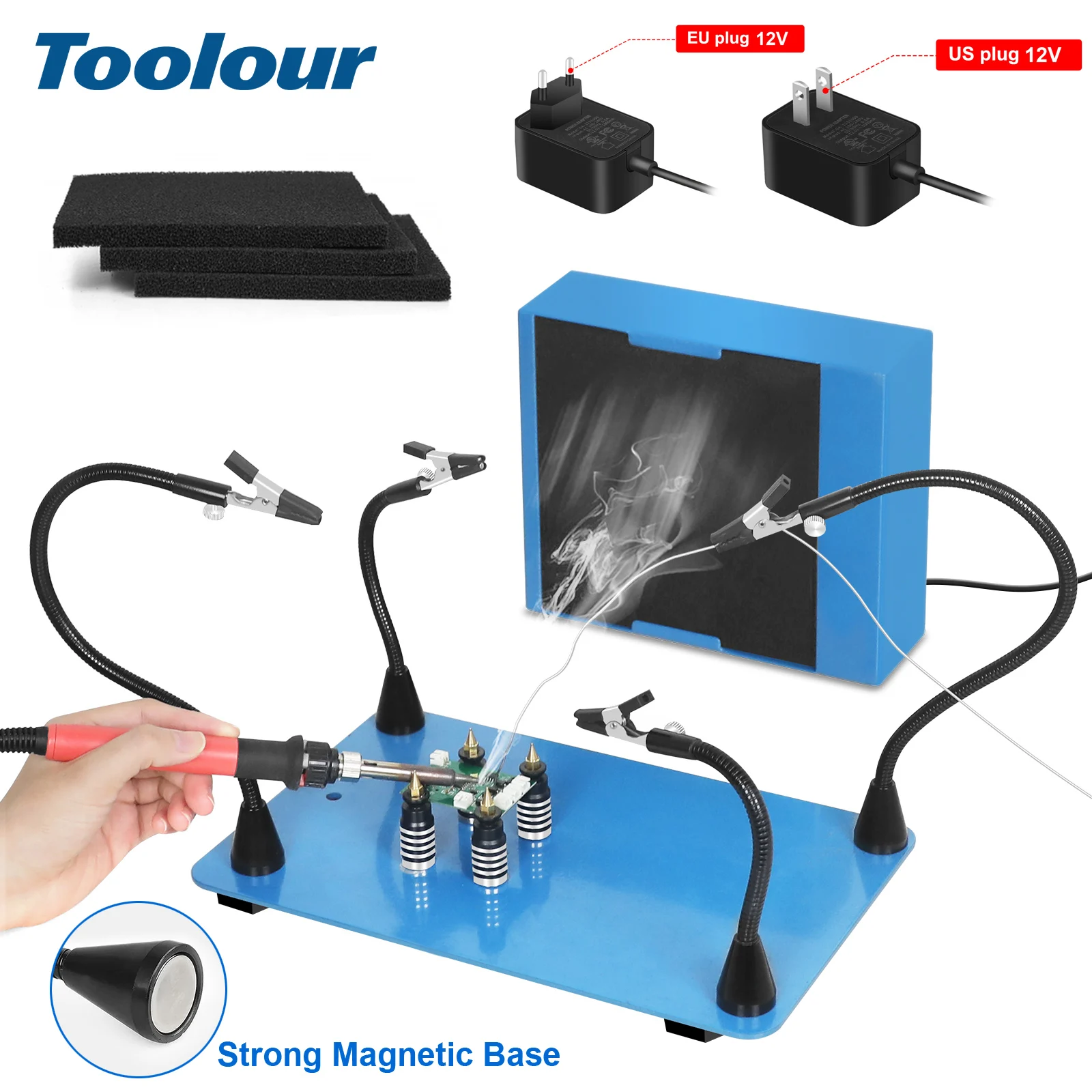 Toolour stazione di saldatura magnetica per mani di aiuto con supporto per saldatura PCB per ventola di scarico del fumo di saldatura 12V 30W per la