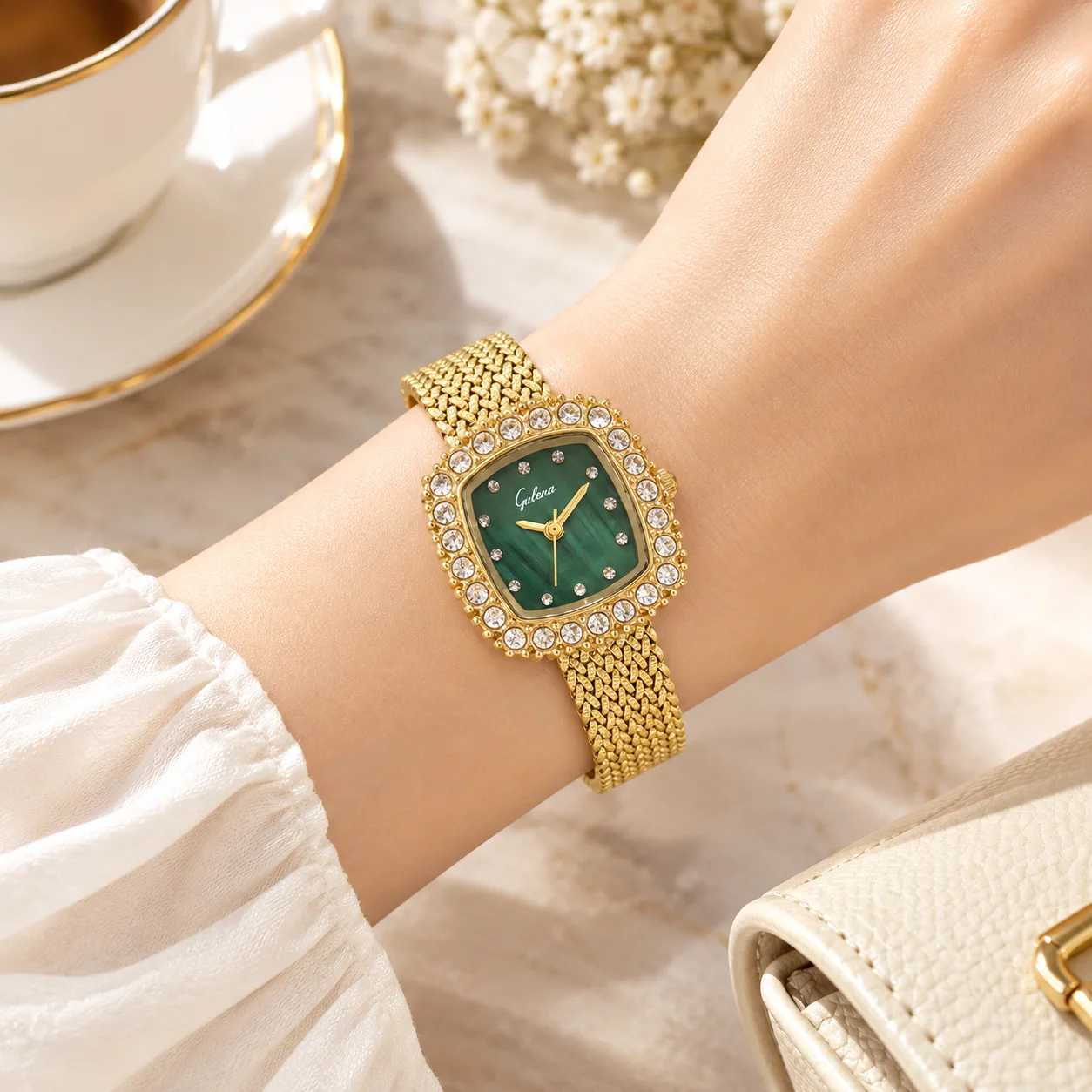 Iced Out Square Diamond-Set Mother-of-Pearl Quartz Wristwatch Vintage Wheat Mesh Band Women's Quartz Watch Gift