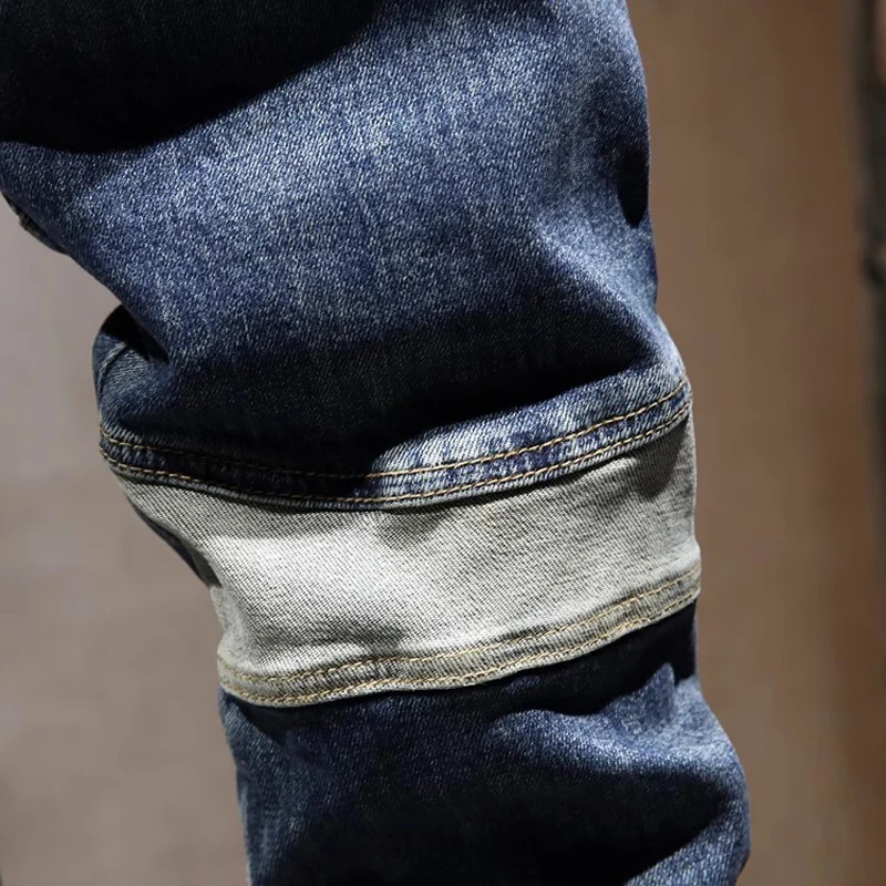 Street Designer Fashion Men Jeans Retro Blue Spliced Slim Fit Stretch Ripped Jeans Men Y2K Patched Hip Hop Vintage Denim Pants