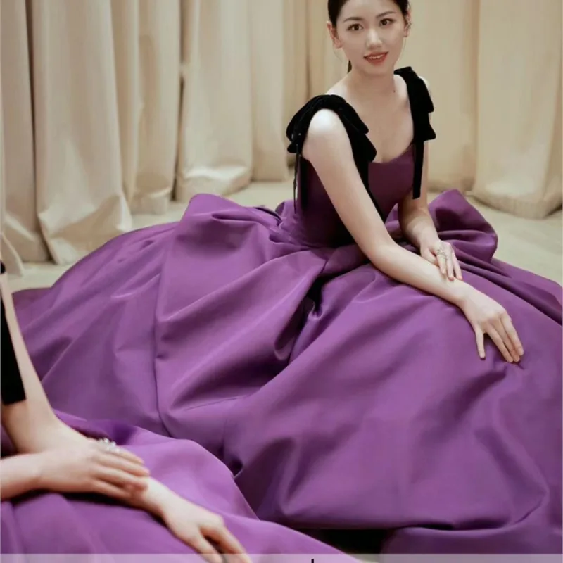 Purple satin fashion retro simple atmosphere performance gala dress