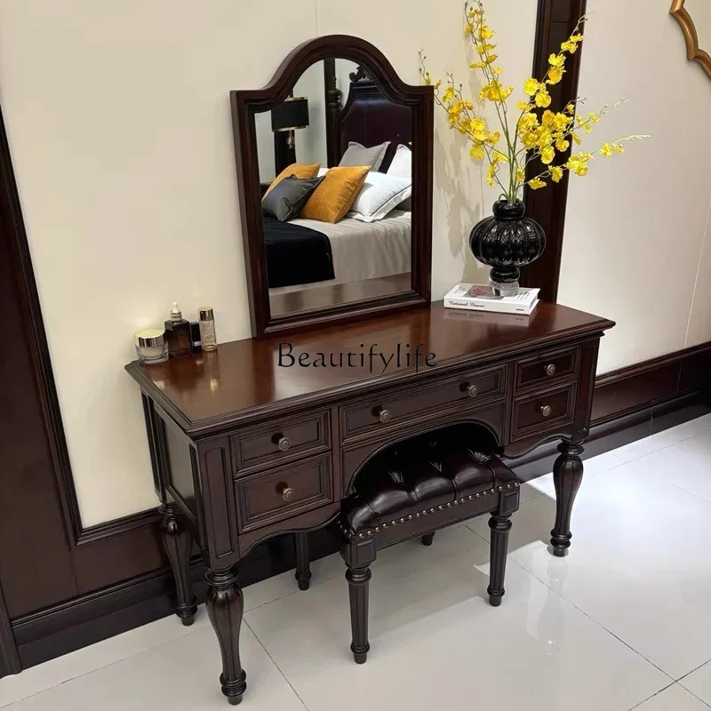 

ls 27 American retro solid wood carving flower dressing table bedroom dressing table modern medieval style