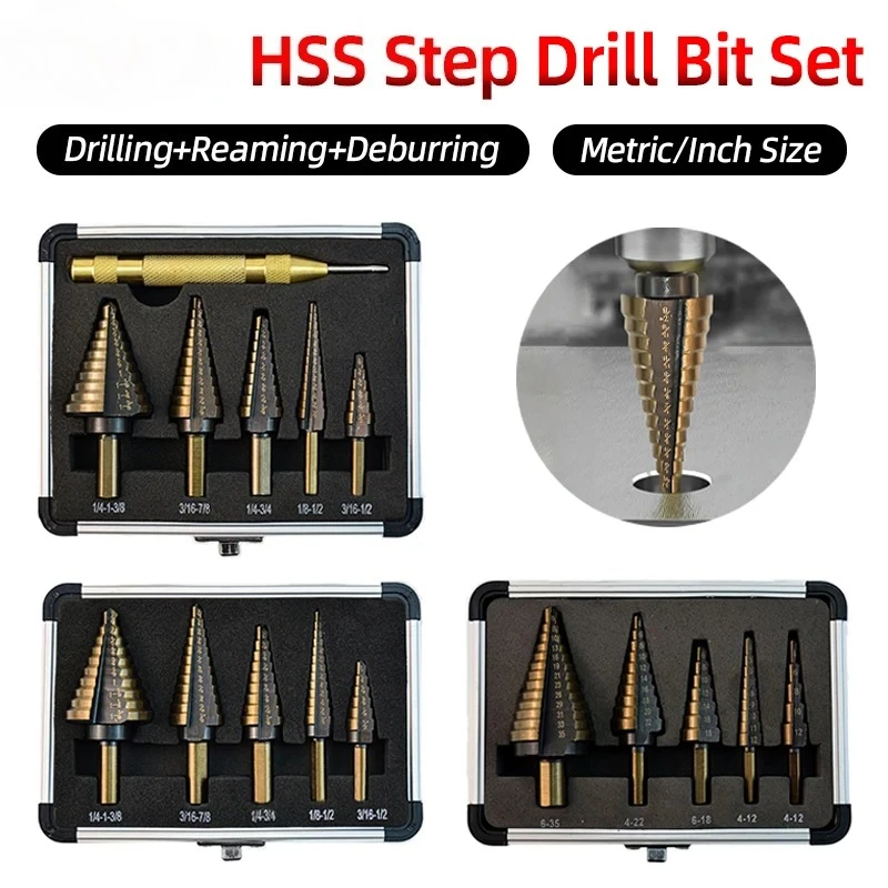 

Metal Wood Drilling Tool Automatic Center Punch Step Drill Bit Set Nitride Coated Metric/Inch Cone Drill Bit Hole Opener