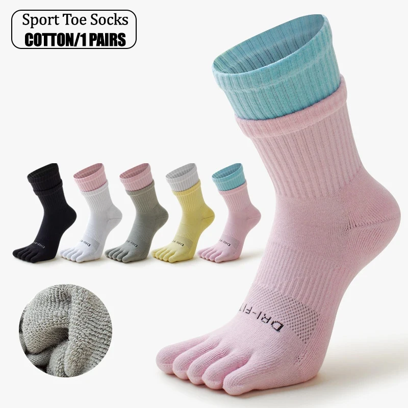 1 Pairs Women Long Sports Five Finger Socks Soft Breathable Cotton Sweat Absorbent Solid Tennis Socks Outdoors Running Socks