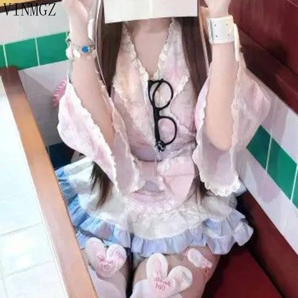 Japanese super fairy cute girl puffy  style popular skirt floral ins bow waist seal maid forest series  Slight Strech