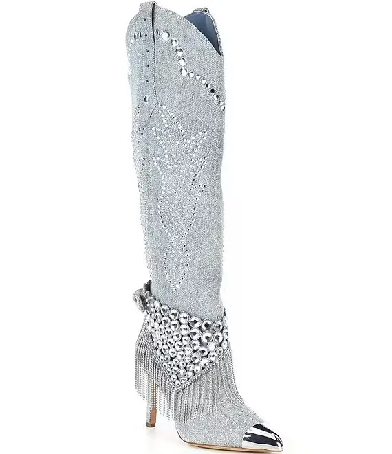 2025 Knee High Boots Women Rhinestone Boots Glitter Shiny Western Cowboy Pointed Toe Block Heel Pull-On Cowgirl Boots Size 35-44