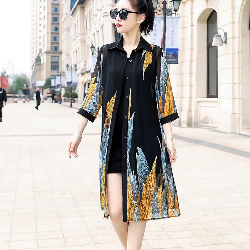 Summer Sun Protection Women Long Blouses Super Thin Floral Chiffon Cardigan Half Sleeve Loose Flower Print Blouse Shirts 9122 50