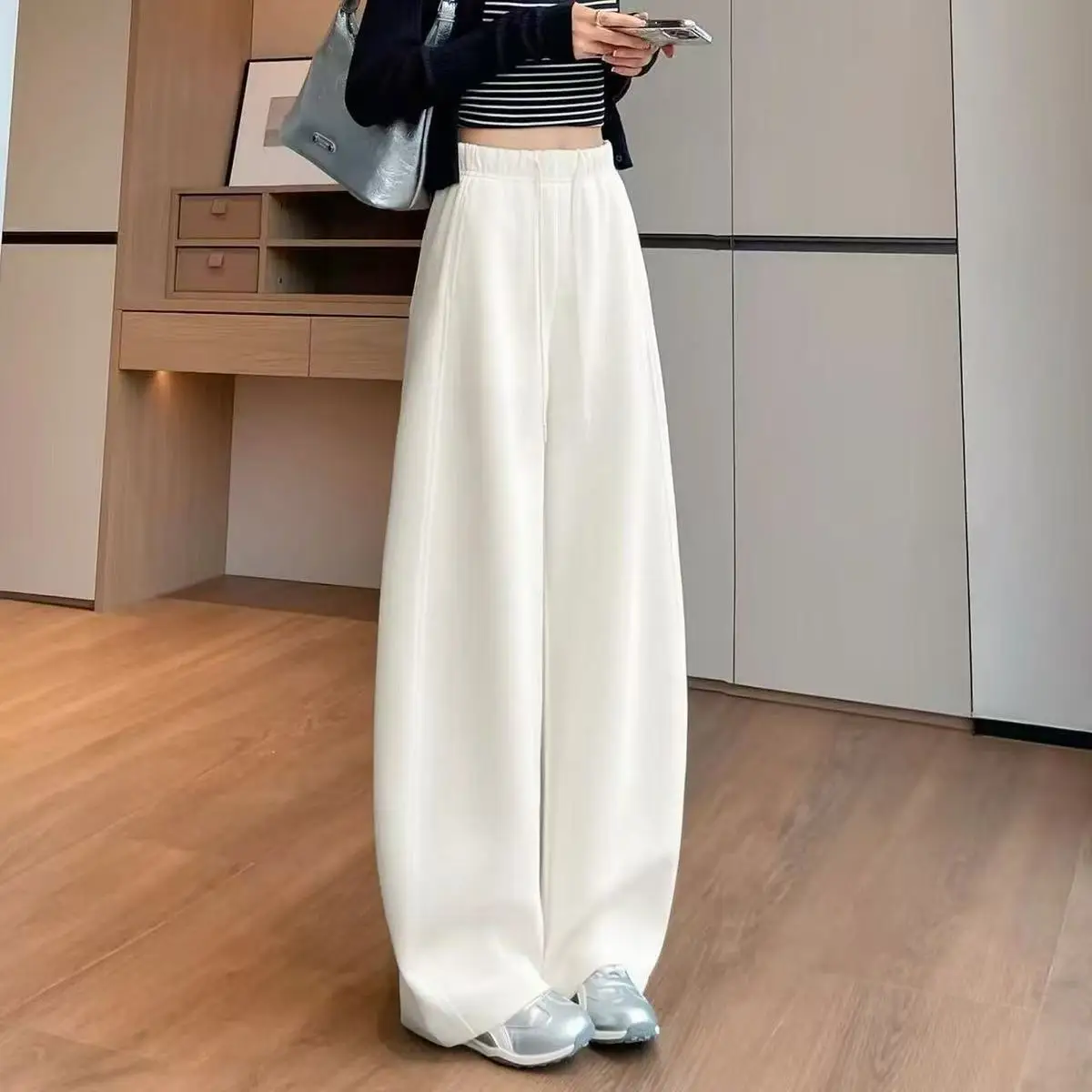 Womens 2026 Spring High Rise Straight Leg Pants Loose Fit Draped Floor Sweating Curved Hem Versatile Trousers
