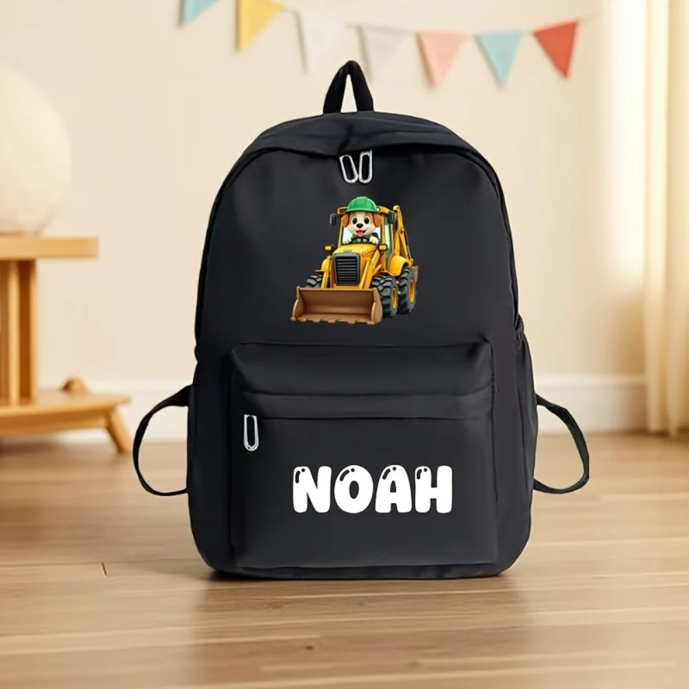 Custom Boys Kids Backpack Personalized Name Excavator Dog School Bag with Front Zipper Pocket Adjustable Strap Custom Kid Gift