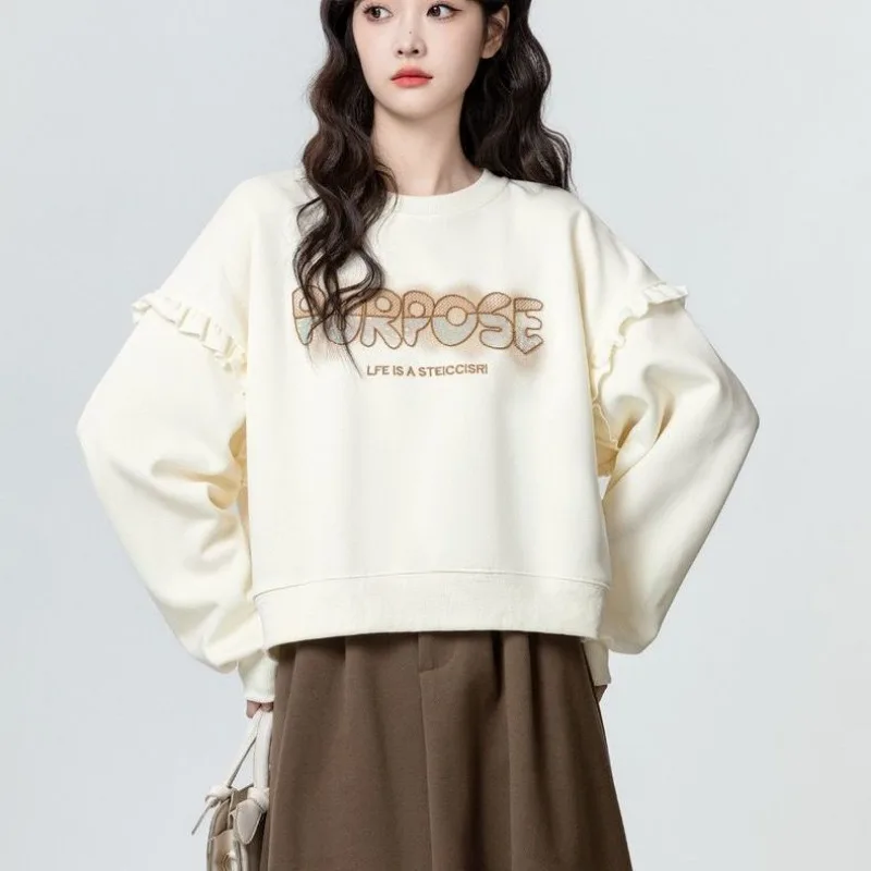 

Femme Spring Autumn Korean Fashion Printing Solid Color O-neck Sweatshirts Women Clothing All-match Ruffles Patchwork Long Sleev