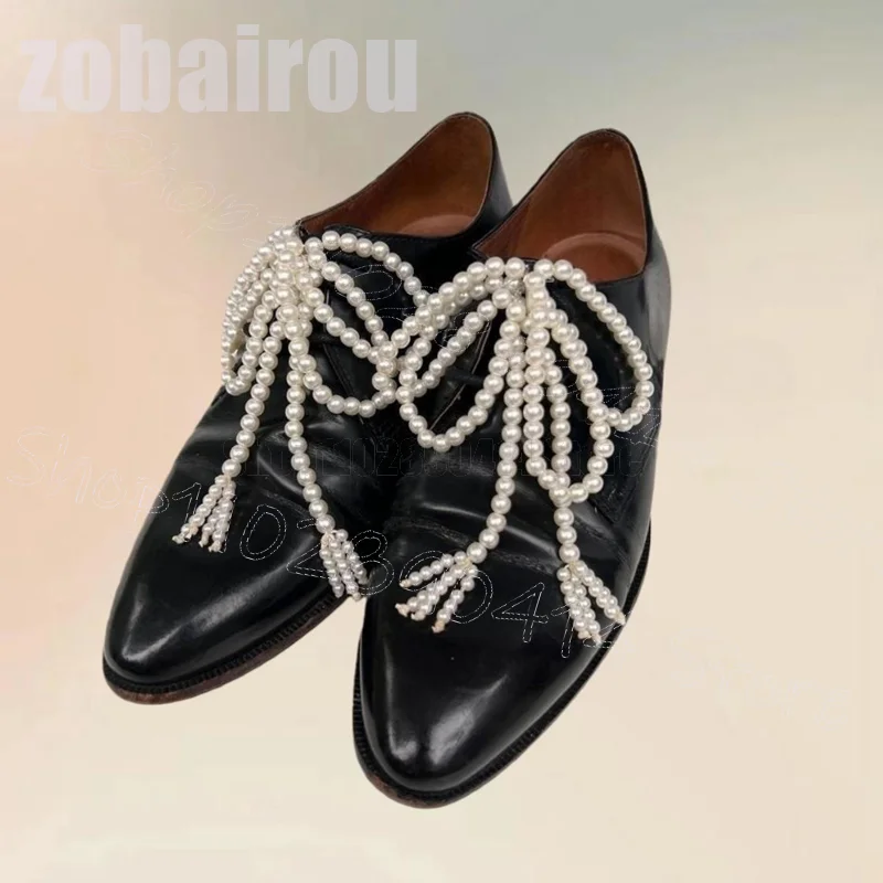 

Pearl Bow Knot Black Pointed Toe Men Loafers Fashion Slip On Men Shoes Luxurious Handmade Party Banquet Dating Men Dress Shoes