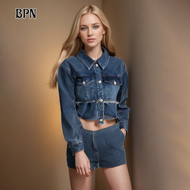 

Куртка BPN женская джинсовая короткая, уличная одежда с отложным воротником и длинным рукавом, однобортная повседневная одежда с соединением, модная одежда