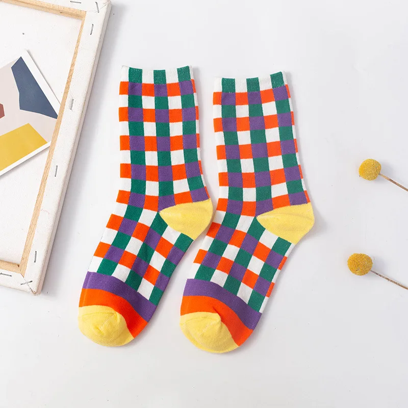 Combed Cotton Socks with Checkered Rainbow Stripes - Trendy Mid-length Socks for Autumn and Winter, Suitable for Casual Wear.