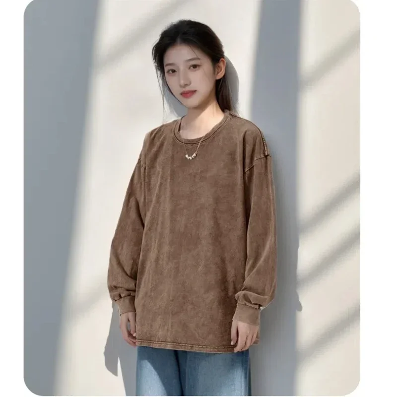 Men's Washed Long Sleeve T-shirts 230G Cotton High Street Retro Tee Korean Fashion Loose Y2K Tops