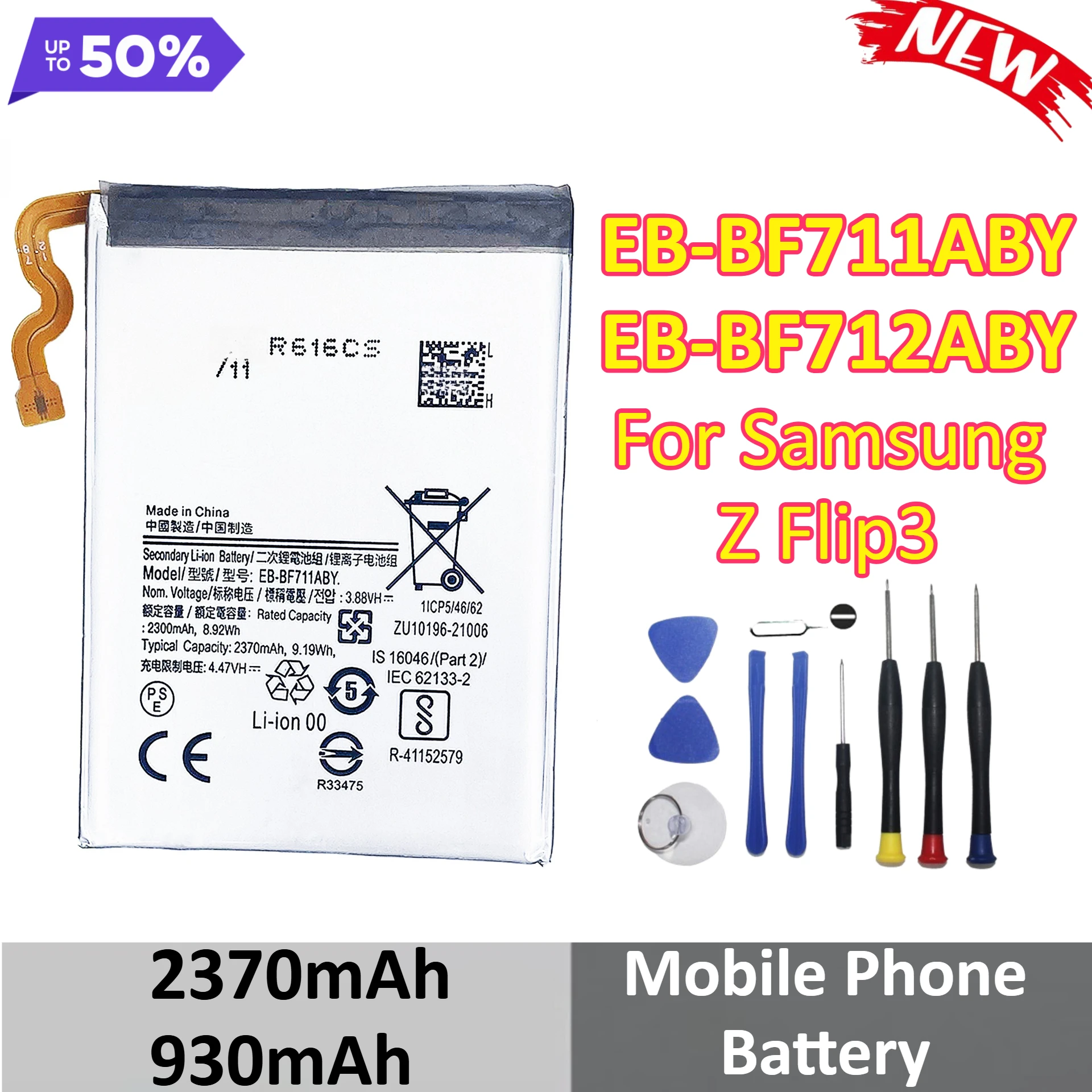 

EB-BF711ABY EB-BF712ABY 2370mAh 930mAh Mobile Phone Battery For Samsung Z Flip 3 Flip3 5G F711 F711B F712 SM-F711B + Tools
