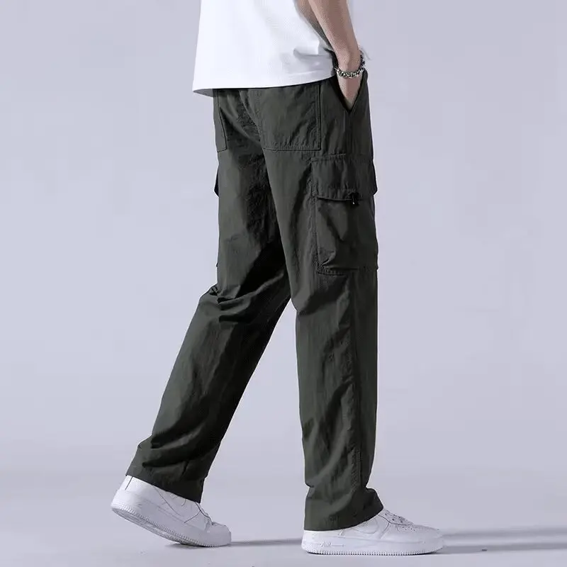 Cargo pants men straight leg casual pants 2024 new autumn and winter drawstring multi-pocket solid color fashion trend pants