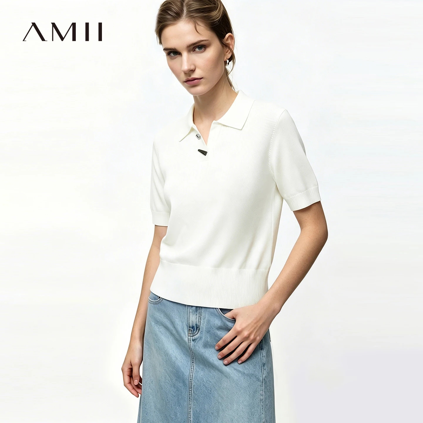 

Amii Women's Knit Top 2026 Summer New Polo Neck Short Sleeve Sweater Metal Button Office Casual Versatile Pullover 12642077
